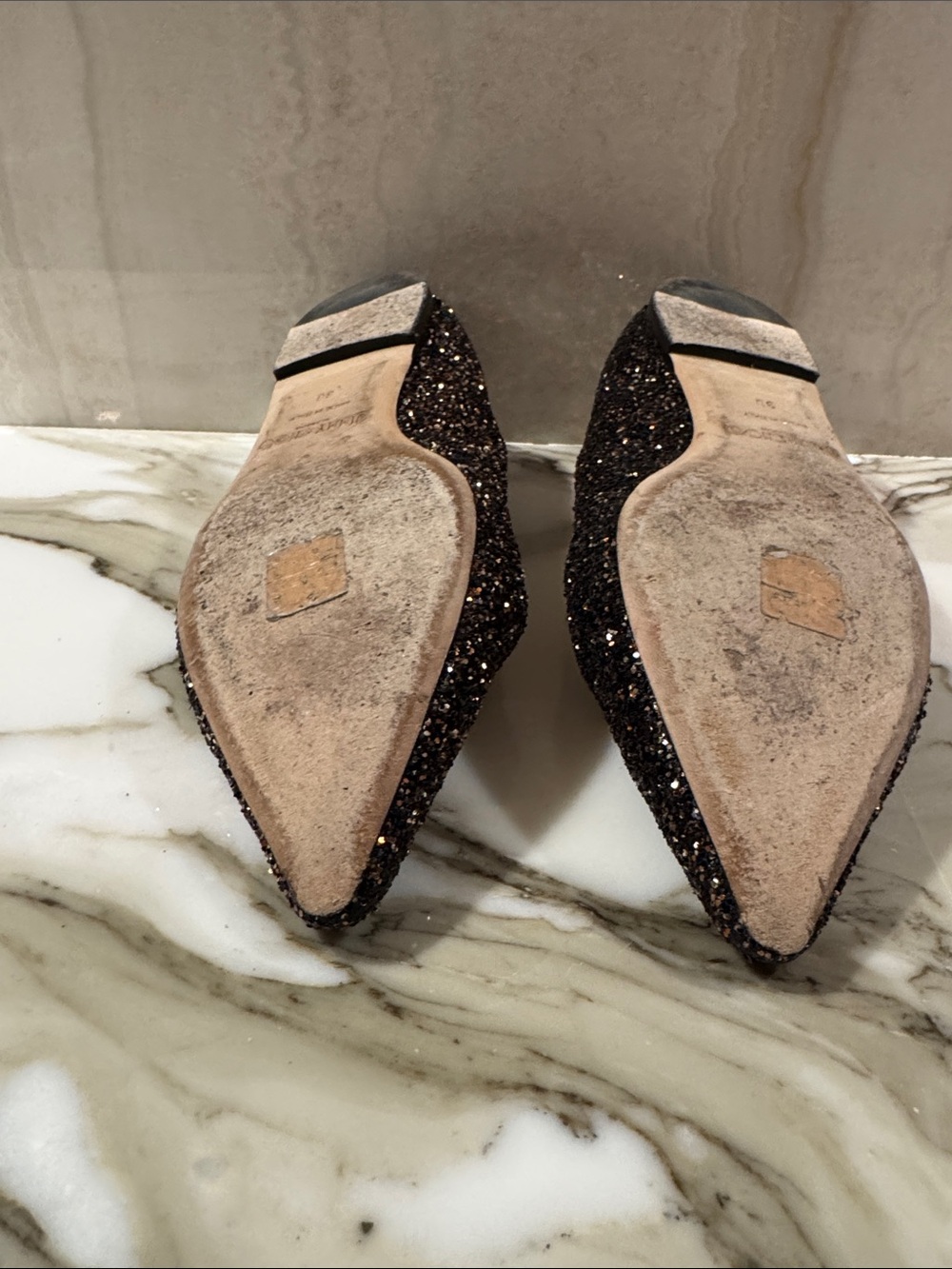 Jimmy Choo Black and Bronze Glitter Pointed-Toe Flats - Picture 6 of 10